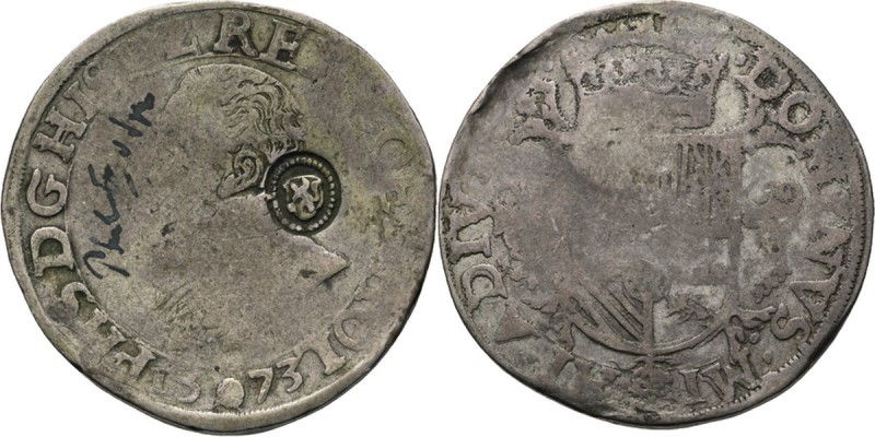 ½ Philipsdaalder 1573, Silver, PHILIPS II 1555–1581 Type II. Borstbeeld naar lin...