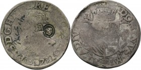 ½ Philipsdaalder 1573, Silver, PHILIPS II 1555–1581 Type II. Borstbeeld naar links, daaronder mmt. roosje tussen jaartal PHS D G etc. Kz. gekroond wap...