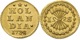 Bezemstuiver 1738, Gold In goud geslagen op het gewicht van een halve dukaat. In het veld · ❀ · / HOL / LAN / DIA· / jaartal. Kz. pijlenbundel tussen ...