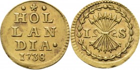 Bezemstuiver 1738, Gold In goud geslagen op het gewicht van een halve dukaat. In het veld · ❀ · / HOL / LAN / DIA· / jaartal. Kz. pijlenbundel tussen ...