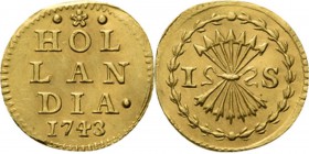 Bezemstuiver 1743, Gold In goud geslagen op het gewicht van een halve dukaat. In het veld · ❀ · / HOL / LAN / DIA· / jaartal. Kz. pijlenbundel tussen ...