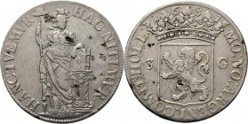 3 Gulden 1681, Silver Type IIa. Geslagen met gesoigneerde stempels van Drappentier. Staande Nederlandse maagd. Kz. gekroond provinciaal wapen tussen w...