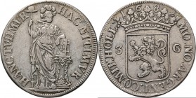 3 Gulden 1682, Silver Type IIa. Geslagen met gesoigneerde stempels van Drappentier. Staande Nederlandse maagd. Kz. gekroond provinciaal wapen tussen w...