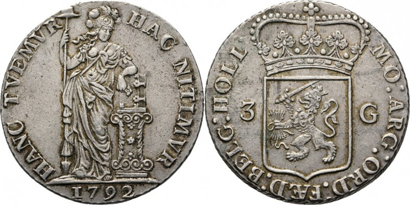 3 Gulden 1792, Silver Type IIIb. Staande Nederlandse maagd, jaartal onder de voe...
