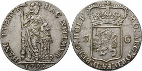 3 Gulden 1792, Silver Type IIIb. Staande Nederlandse maagd, jaartal onder de voeten. Kz. generaliteitswapen tussen waarde 3 – G. Kabelrand.Delm. 1146;...