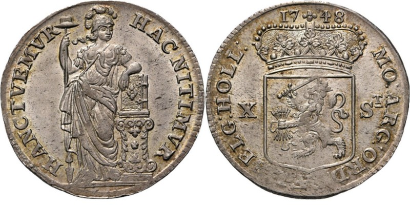 X Stuiver 1748, Silver Staande Nederlandse maagd. Kz. generaliteitswapen tussen ...