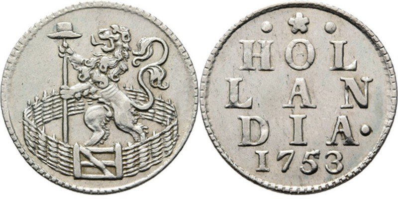 Zilveren duit 1753, Silver Type Ib. · ❀ · / HOL / LAN / DIA· / jaartal. Kz. klim...