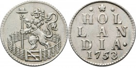 Zilveren duit 1753, Silver Type Ib. · ❀ · / HOL / LAN / DIA· / jaartal. Kz. klimmende leeuw met speer en vrijheidshoed in Hollandse tuin. Kabelrand.V....