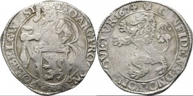 Leeuwendaalder 1674, Silver Type II. Ridder achter Hollands wapen naar rechts met titel …BELG. WESTF. Kz. klimmende leeuw, daarboven mmt. vijfbladige ...