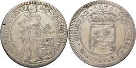 Zilveren dukaat 1676, Silver Enkhuizen. Type IIa. Staande ridder met zwaard naar beneden achter gewestelijk wapen aan lint …CONFOE· BEL· WEST· F. Kz. ...