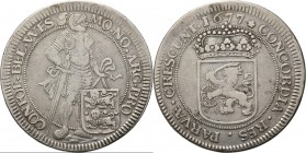 Zilveren dukaat 1677, Silver Enkhuizen. Type IIa. Staande ridder met zwaard naar beneden achter gewestelijk wapen aan lint, MO· NO· ARG· PRO – CONFŒ· ...