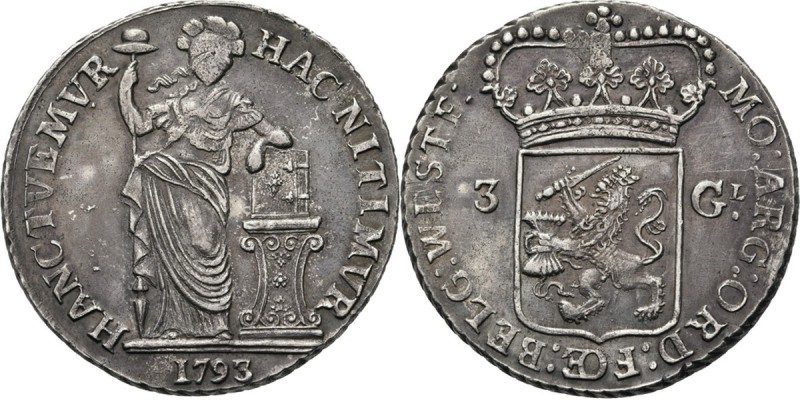 3 Gulden 1793, Silver Type III. Staande Nederlandse maagd, jaartal in de afsnede...