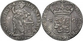 3 Gulden 1793, Silver Type III. Staande Nederlandse maagd, jaartal in de afsnede. Kz. generaliteitswapen tussen waarde 3 - GL. Met grove kabelrand. Zo...