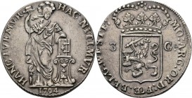 3 Gulden 1794, Silver Type III. Staande Nederlandse maagd, jaartal in de afsnede. Kz. generaliteitswapen tussen waarde 3 - GL. Kabelrand. Zonder mmt.D...