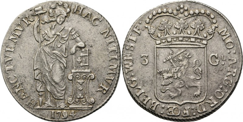 3 Gulden 1794, Silver Type III. Staande Nederlandse maagd, jaartal in de afsnede...