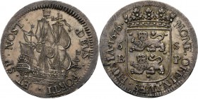 Scheepjesschelling Bank Payement 1676, Silver Driemaster op volle zee DEVS· FORTI· ET· SP· NOST·. Kz. gekroond gewestelijk wapen tussen 6 – S en B – P...
