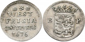 Dubbele stuiver Bank Payement 1676, Silver ❀❀❀ / WEST / FRI·SIA / 2·STUYVERS / jaartal. Kz. gekroond gewestelijk wapen tussen B - P.V. 74.5. Geslagen ...