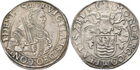Gehelmde rijksdaalder of prinsendaalder 1591, Silver Borstbeeld van Willem de Zwijger met zwaard naar rechts …CONF – IDENTE – S· I59I·. Kz. provinciew...