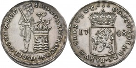 Piedfort zilveren dukaat 1748, Silver Type IIb. Staande ridder met provinciewapen aan lint ♖ MO· NO˙ ARG· PRO: CON· FŒ· BELG· COM· ZEEL˙. Kz. generali...