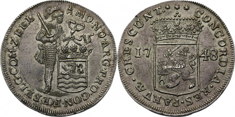 Piedfort zilveren dukaat 1748, Silver Type IIb. Staande ridder met provinciewape...