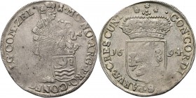 Zilveren dukaat 1694, Silver Type IIb. Staande ridder met provinciewapen aan lint ♖ MO• NO• ARG• PRO• CONFŒ• BELG• COM• ZEL˙. Kz. generaliteitswapen t...