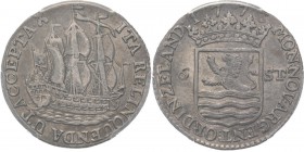 Scheepjesschelling 1773, Silver Type IIb. Driemaster met Middelburgse vlag op achtersteven, omschrift met mt. ♖. Kz. provinciewapen tussen waarde 6 – ...