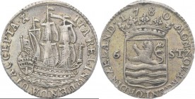 Scheepjesschelling 1780, Silver Type IIb. Driemaster met Middelburgse vlag op achtersteven, omschrift met mt. ♖. Kz. provinciewapen tussen waarde 6 – ...