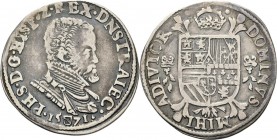 1/5 Philipsdaalder 1571, Silver, PHILIPS II 1555–1581 Type Ia. Borstbeeld naar rechts, daaronder stadsschild tussen jaartal. Kz. gekroond wapen op Bou...