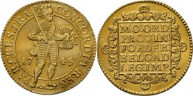 Dubbele dukaat 1745, Gold Type IIIa. Staande ridder met zwaard en pijlenbundel tussen jaartal, grond onder de voeten. Kz. versierd vierkant met 5-rege...