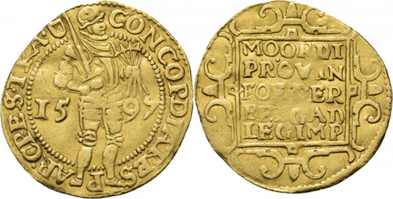 Gouden dukaat 1597, Gold Type I. Staande ridder, Spaanse helm, met zwaard en pij...
