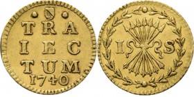 Bezemstuiver 1740, Gold In goud geslagen op het gewicht van een halve dukaat. • stadsschild • / TRA / IEC / TUM / jaartal. Kz. binnen een tulprand pij...