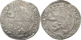 Leeuwendaalder 1644, Silver Type IIb. Met binnencirkels. Ridder met pluim aan helm naar rechts achter wapenschild met gekroonde leeuw en kruis op de b...