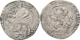 ½ Leeuwendaalder 1643, Silver Type IIb. Ridder naar rechts achter wapenschild met gekroonde leeuw met kruis op de borst stadsschild MO˙ ARG(·) etc. Kz...