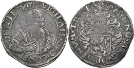 Gehelmde rijksdaalder 1591, Silver Borstbeeld van Willem de Zwijger met zwaard naar rechts x VIGILATE x DEO x CONFI – DENTE – S x I591. Kz. Hollands w...
