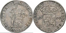 Zilveren dukaat 1790, Silver Type IIIb. Staande ridder met zwaard en provinciewapen aan lint MO: NO: ARG: PRO: CONFŒ: BELG: TRAI. Kz. generaliteitswap...