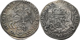 Dukaton of zilveren rijder 1671, Silver Type Ia. Ruiter naar rechts boven ongekroond provinciewapentje MO· NO· ARG· PRO: CON – FŒ· BELG· TRAJ. stadssc...