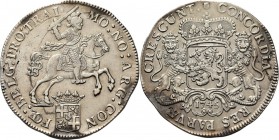 Dukaton of zilveren rijder 1745, Silver Type IVa. Ruiter naar rechts boven gekroond provinciewapentje met stadsschild in het hart en titel …BELG: PRO:...