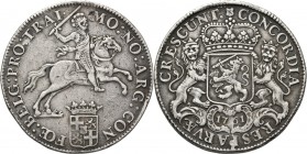 Dukaton of zilveren rijder 1761, Silver Type IVb. Ruiter naar rechts boven gekroond provinciewapentje met stadsschild in het hart en titel …BELG: PRO:...