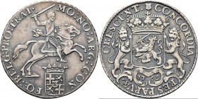 ½ Dukaton of ½ zilveren rijder 1765, Silver Type II. Ruiter naar rechts boven gekroond provinciewapentje en titel …BELG: PRO: TRAI· Kz. jaartal onder ...