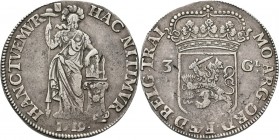 3 Gulden 1719, Silver Type IIIb. Staande Nederlandse maagd zonder grond, jaartal in de afsnede, mt. stadsschild rechts van hoed. Kz. generaliteitswape...