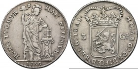 3 Gulden 1786, Silver Type IIIc. Staande Nederlandse maagd met grond onder de voeten, jaartal in de afsnede, stadsschild naast vrijheidshoed. Kz. gene...