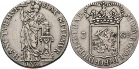 3 Gulden 1793, Silver Type IIIc. Staande Nederlandse maagd met grond onder de voeten, jaartal in de afsnede, stadsschild naast vrijheidshoed. Kz. gene...