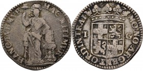 1 Gulden 1687, Silver Type II. Staande Nederlandse maagd. Kz. gekroond provinciewapen tussen waarde I -G, jaartal boven de kroon. Omschrift MO· NO· AR...
