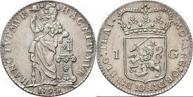 1 Gulden 1794, Silver Type IIIe. Staande Nederlandse maagd, jaartal in de afsnede. Kz. generaliteitswapen tussen waarde 1 – G. Omschrift MO: ARG: ORD:...