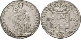 10 Stuiver 1682, Silver Staande Nederlandse maagd. Kz. gekroond provinciewapen tussen waarde 10 – ST, jaartal boven de kroon. Gladde rand.Delm. 1201; ...