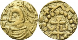 Gouden triens of tremissis z.j. (± 650), Gold, Angelsaksers, Imitaties van Merovingische munten Dronrijp type. Borstbeeld naar links, daaromheen verba...