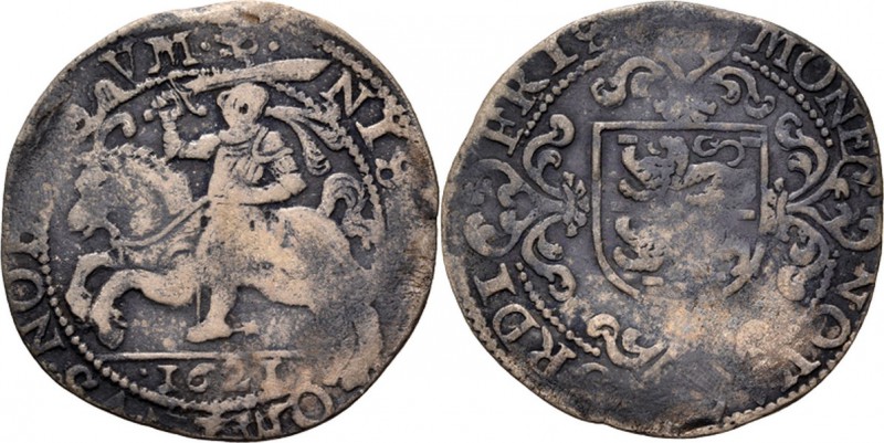 Snaphaanschelling 1621, Silver Ruiter naar links, jaartal tussen punten in de af...