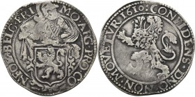Leeuwendaalder 1610, Silver Type IVa var. Ridder achter Hollands wapen naar rechts MO· ARG· PRO· CO - NFOE x BELG x FRI. Kz. klimmende leeuw, daarbove...