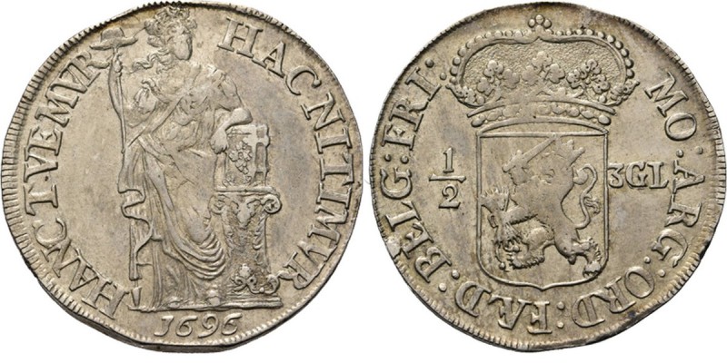 ½ 3–Gulden 1696, Silver Staande Nederlandse maagd, cursief jaartal in de afsnede...