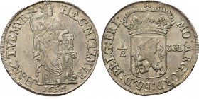½ 3–Gulden 1696, Silver Staande Nederlandse maagd, cursief jaartal in de afsnede. Kz. generaliteitswapen tussen waarde als ½ – 3 GL.Delm. 1160; V. 126...